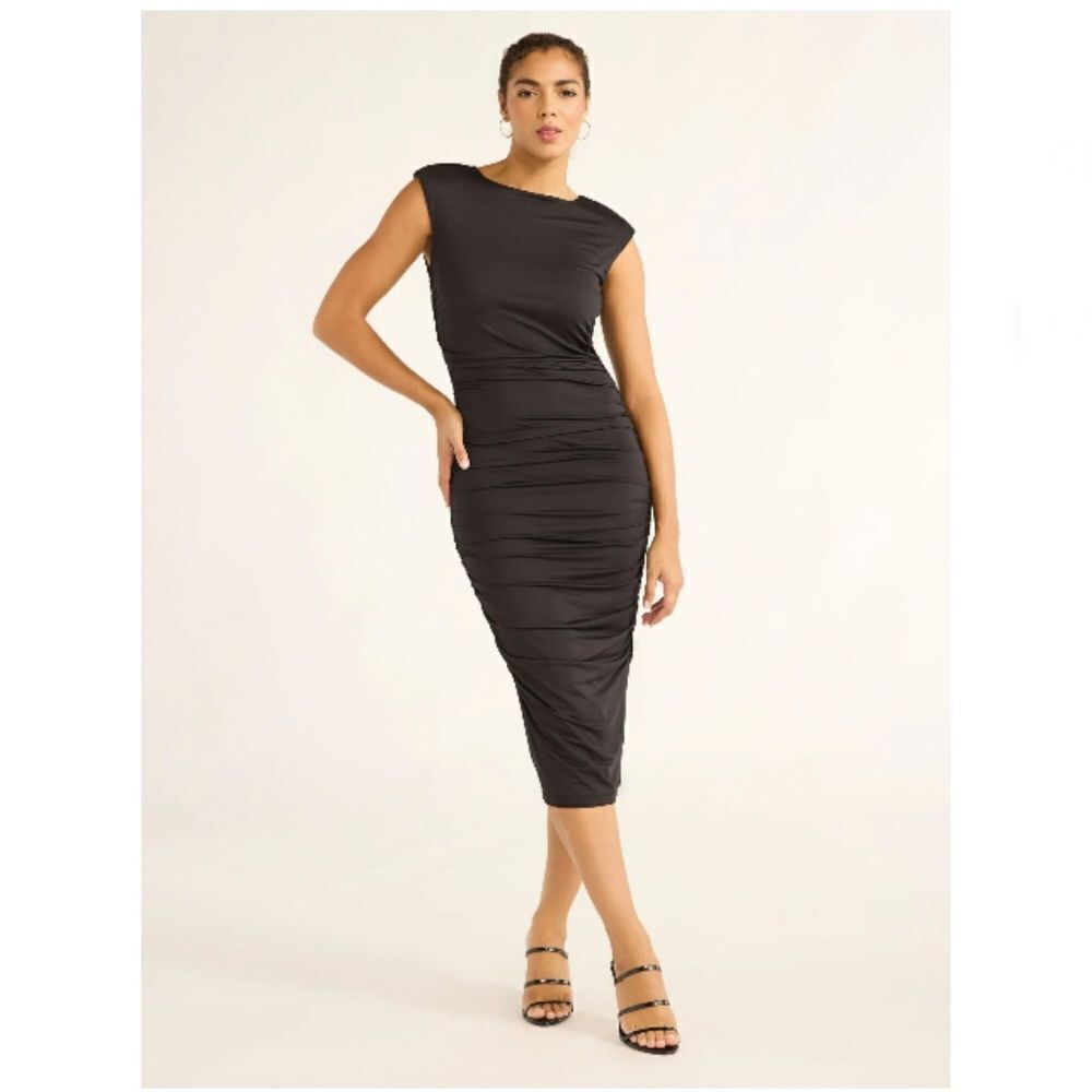 Women's Plus Black Sleeveless Open Back Midi Dress, Below Knee Length, Size XXXL